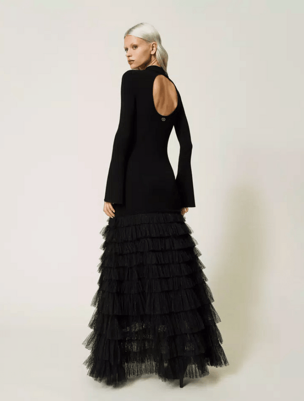 Knitted Dress with Tulle - Black