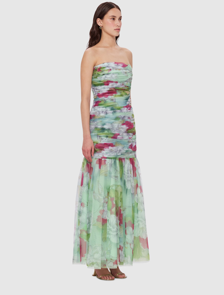 Natalie Ruched Midi Dress - Swallow Print in Tranquility