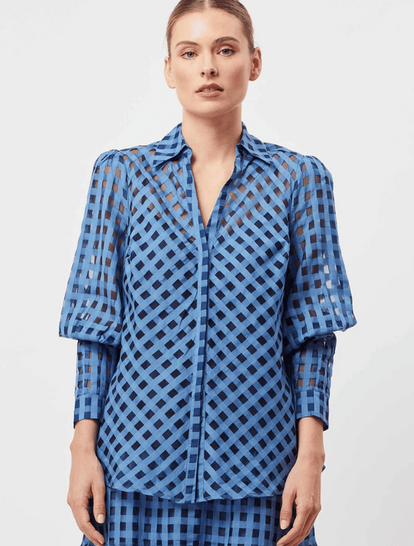 Antigua Cotton Silk Self Check Pleat Sleeve Shirt - Laguna