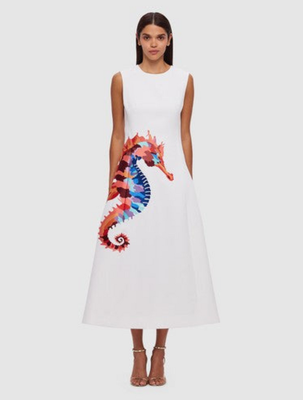 Cleo Sleeveless Embroidery Midi Dress - Twilight Print in White