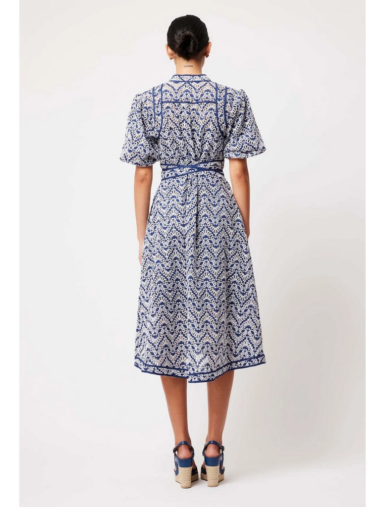 DELPHINE EMBROIDERED COTTON DRESS - NAVY/WHITE EMBROIDERY