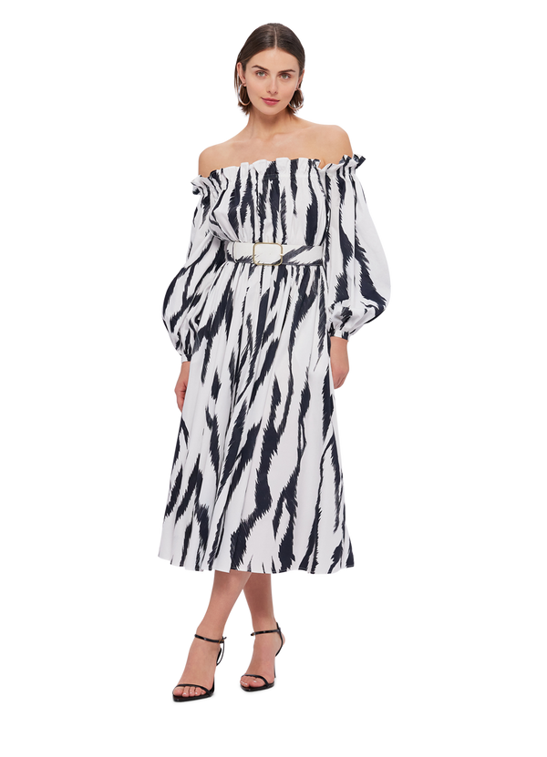 Sarah Off-Shoulder Midi Dress - Tiger Print in White