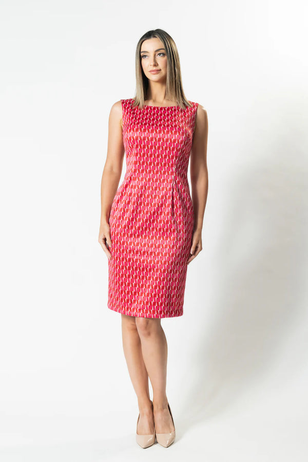 Uptown Boat Neck Suit Dress - Red/Pink Geo