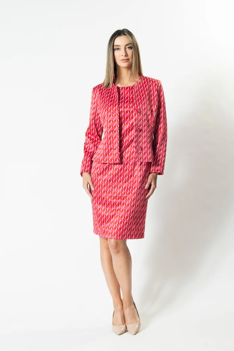 Uptown Boat Neck Suit Dress - Red/Pink Geo