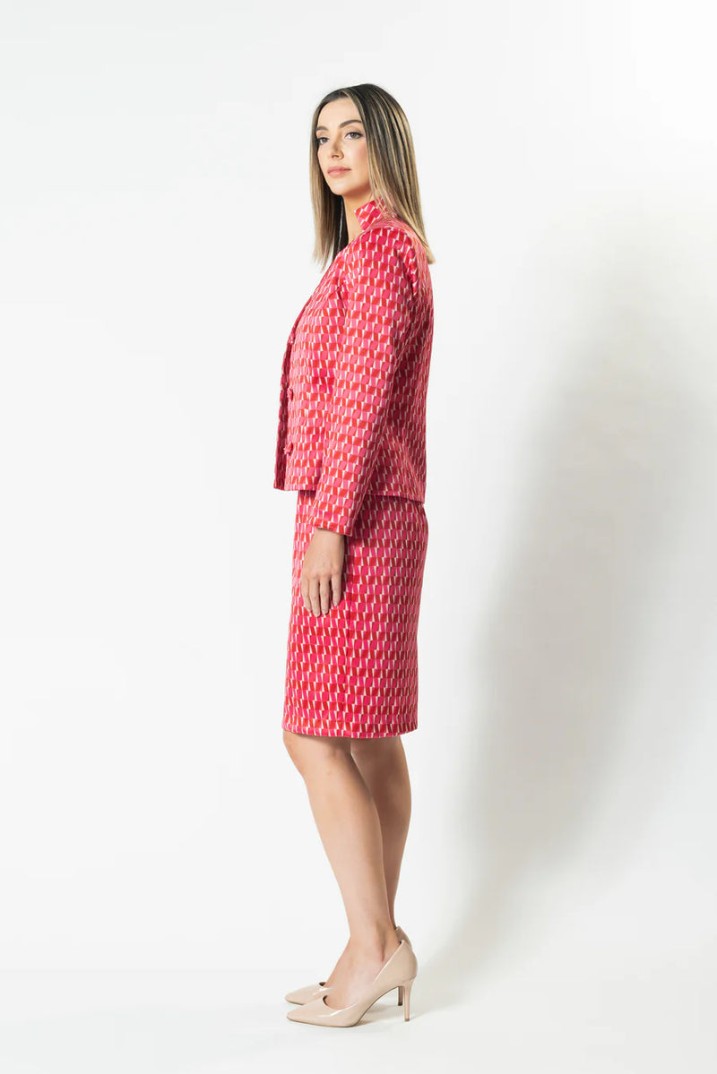 Up Town Standing Collar Jacket - Geo Print Red/Pink