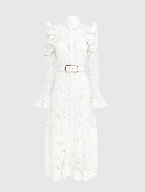 Lace Dress With Belt  - White