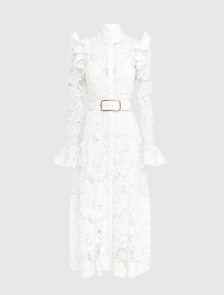 Lace Dress With Belt  - White