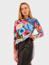 I Believe In Angels Cowl Neck Top - Black Multi