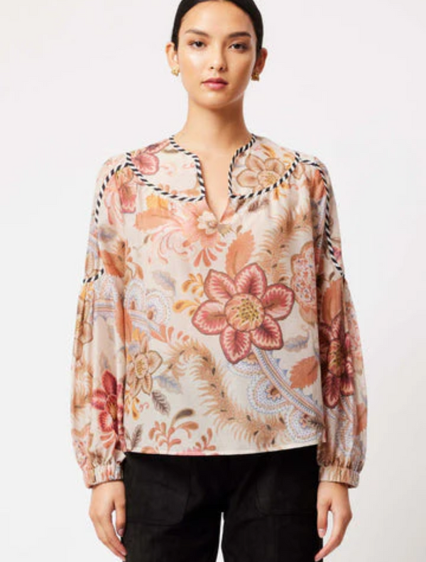 Altair Cotton Silk Round Yoke Shoulder Panel Top - Aries Floral