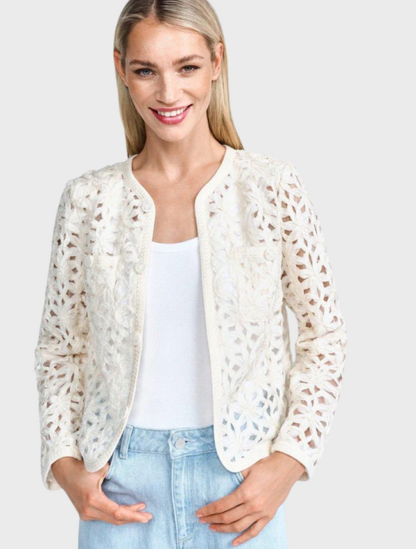 White Blazer Jacket Made Of Eyelet Lace - White Stone