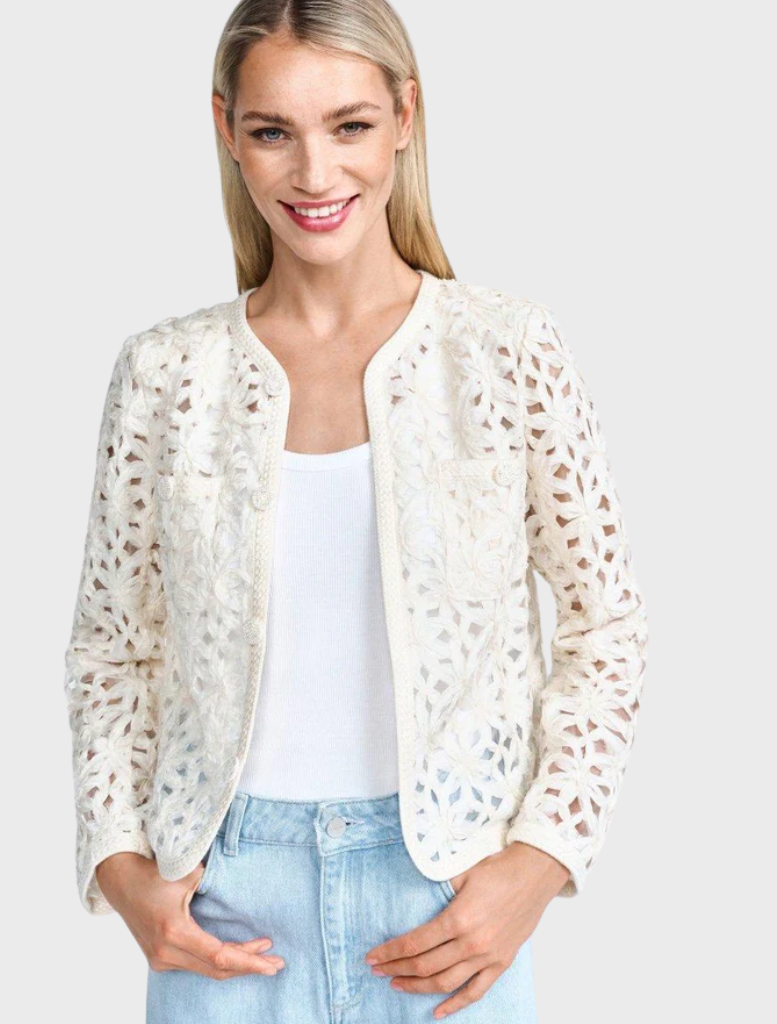 White Blazer Jacket Made Of Eyelet Lace - White Stone