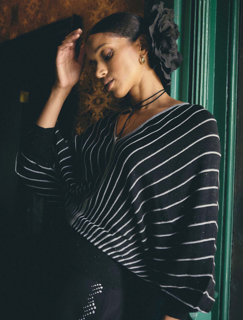 Francine Viscose Nylon Metallic Blend Stripe Knit Top - Onyx
