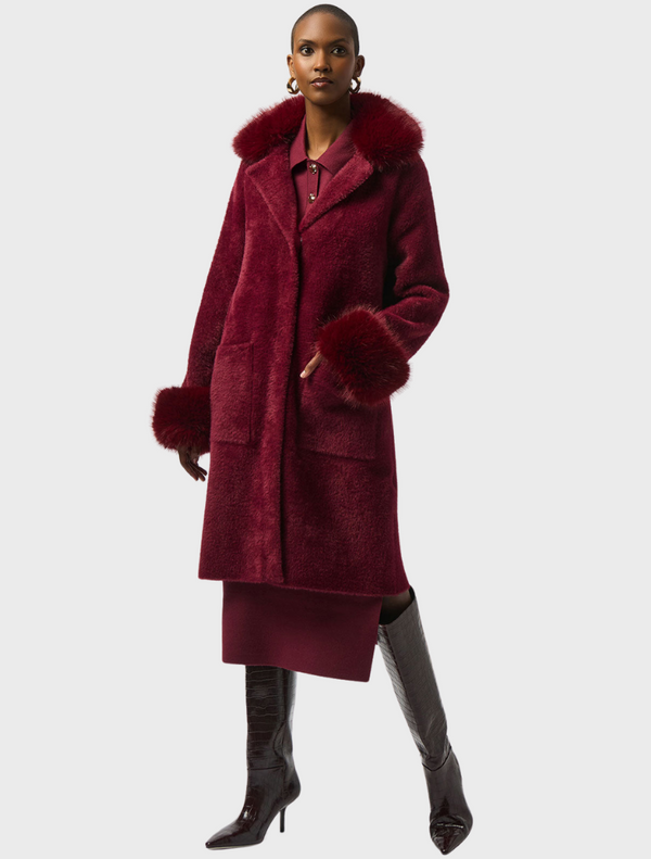 Feather Yarn Faux Fur Cuff Coat - Wine
