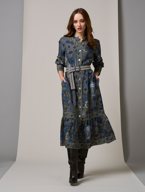 Greenwich Midi Dress - Olive Multi