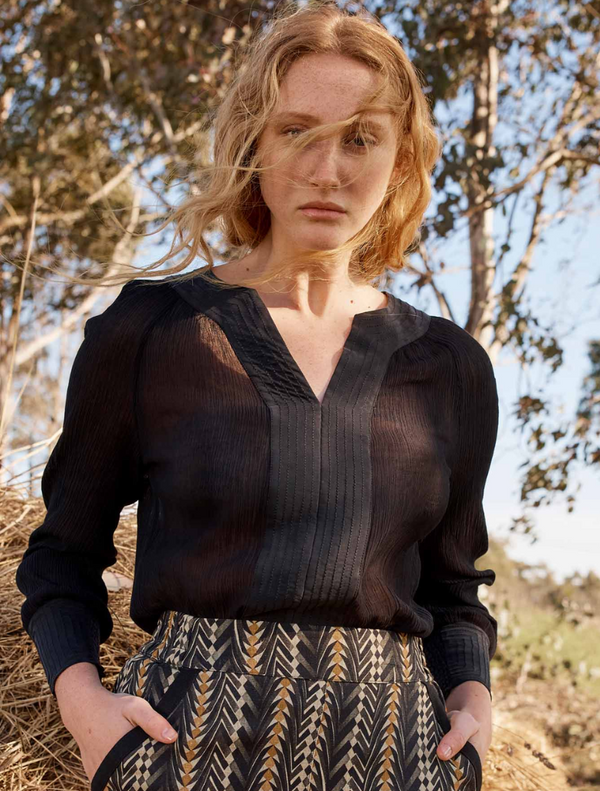 Lucent Crinkle Cotton Silk Contrast Stitch Detail Blouse - Black