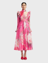 Katrina Butterfly Sleeve Midi Dress - Peony Print in Fuchsia