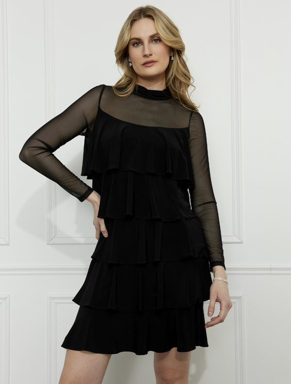 High-Neck Tiered Mini Dress - Black