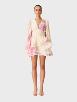Rova Long Sleeve Mini Dress - Cream & Pink Floral