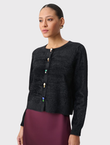 Casual Round Neck Cardigan - Black