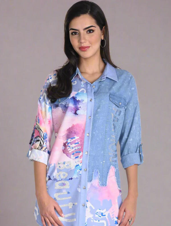 Abstract Print Button Down Blouse - Pink/Blue