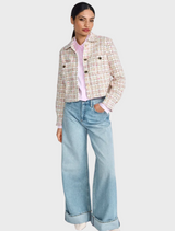 Short Bouclé Blazer with Gold-Colored Buttons - Pearl White