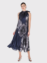 Midi A-line Pleated Dress - Navy /Grey