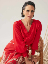 Calissa Cotton Silk V-Neck Blouse - Crimson