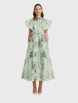 Elsie Flutter Sleeve Midi Dress - Posy Print in Mint