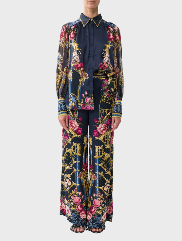 Button Through Blouson Sleeve Blouse - Ornate On A Plate