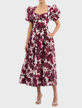 Nerissa SS Midi Dress - Red Orchid Vines Print