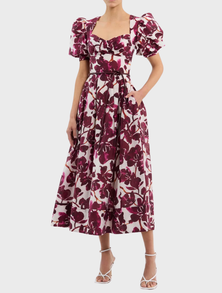 Nerissa SS Midi Dress - Red Orchid Vines Print