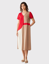 Colour Block Dress - Red/Taupe
