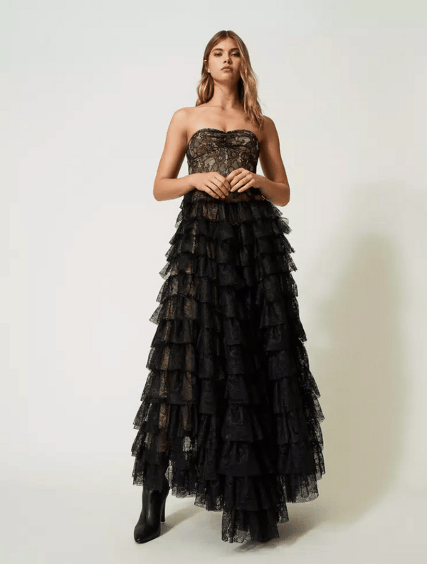 Long Chantilly Lace Bustier Dress - Black