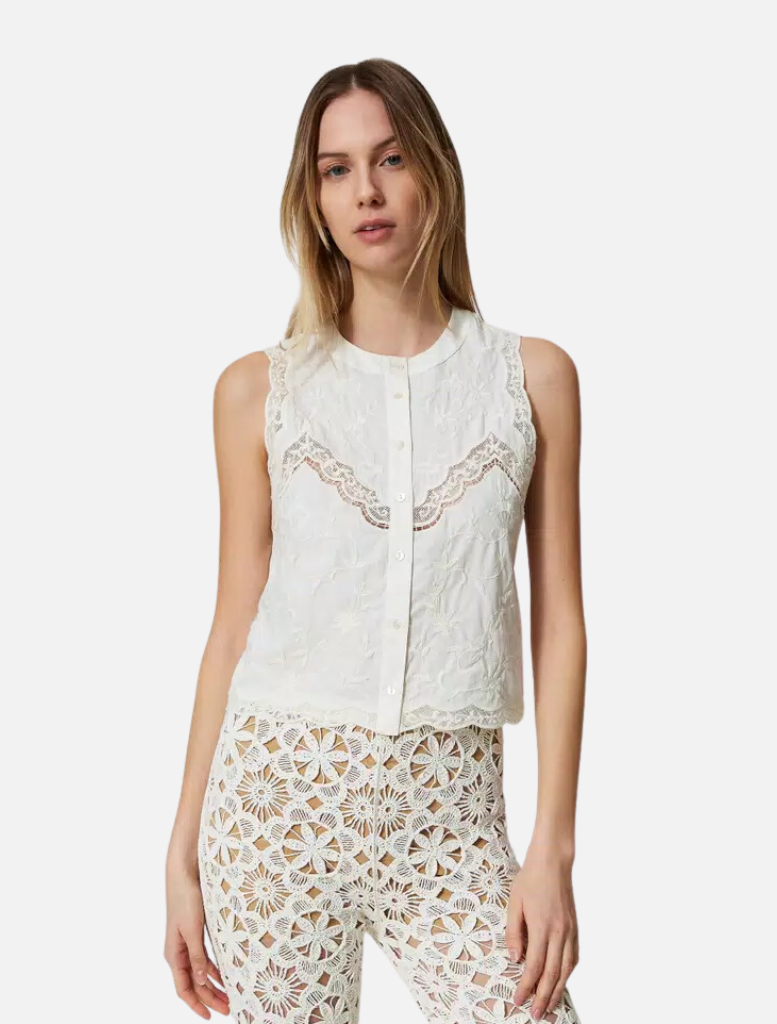 Sleeveless Top with Floral Embroideries - White