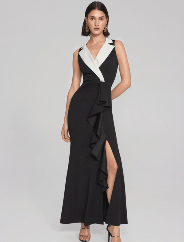 Ruffle Front Slit Dress - Black/White