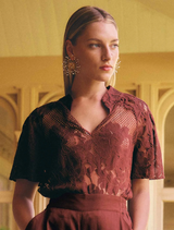 Solene Cotton Blend Lace Short Sleeve Top - Rosewood