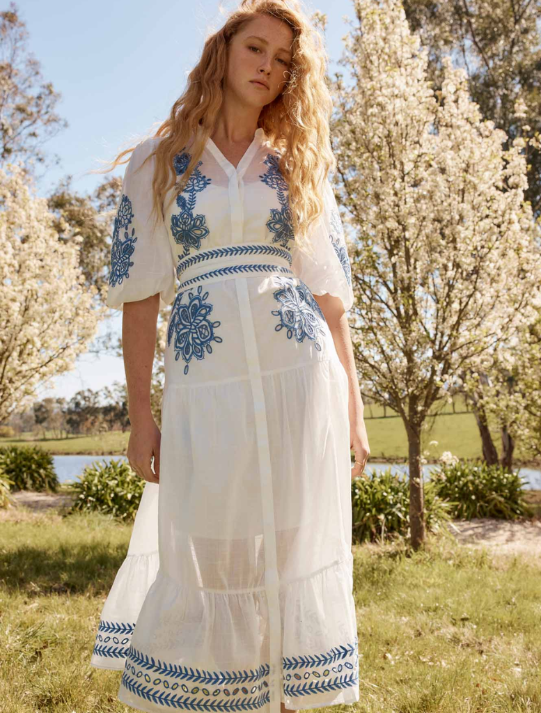 Gabriette Embroidered Cotton Slub Dress - Milk