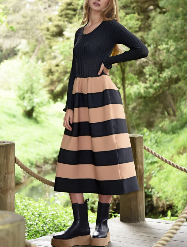 Stripe System Dress - Tan & Black