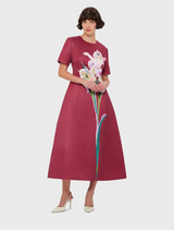 Caroline Short Sleeve Midi Dress - Lily Print in Burgundy