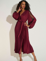 Pleated Satin Fit & Flare Dress - Wine