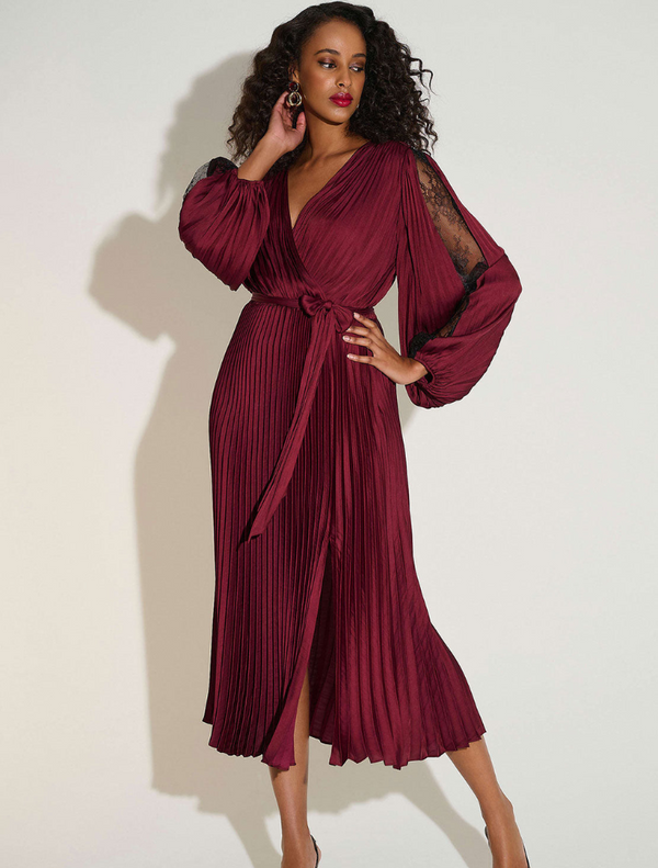 Pleated Satin Fit & Flare Dress - Wine