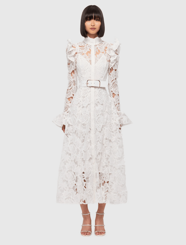 Lace Dress With Belt  - White