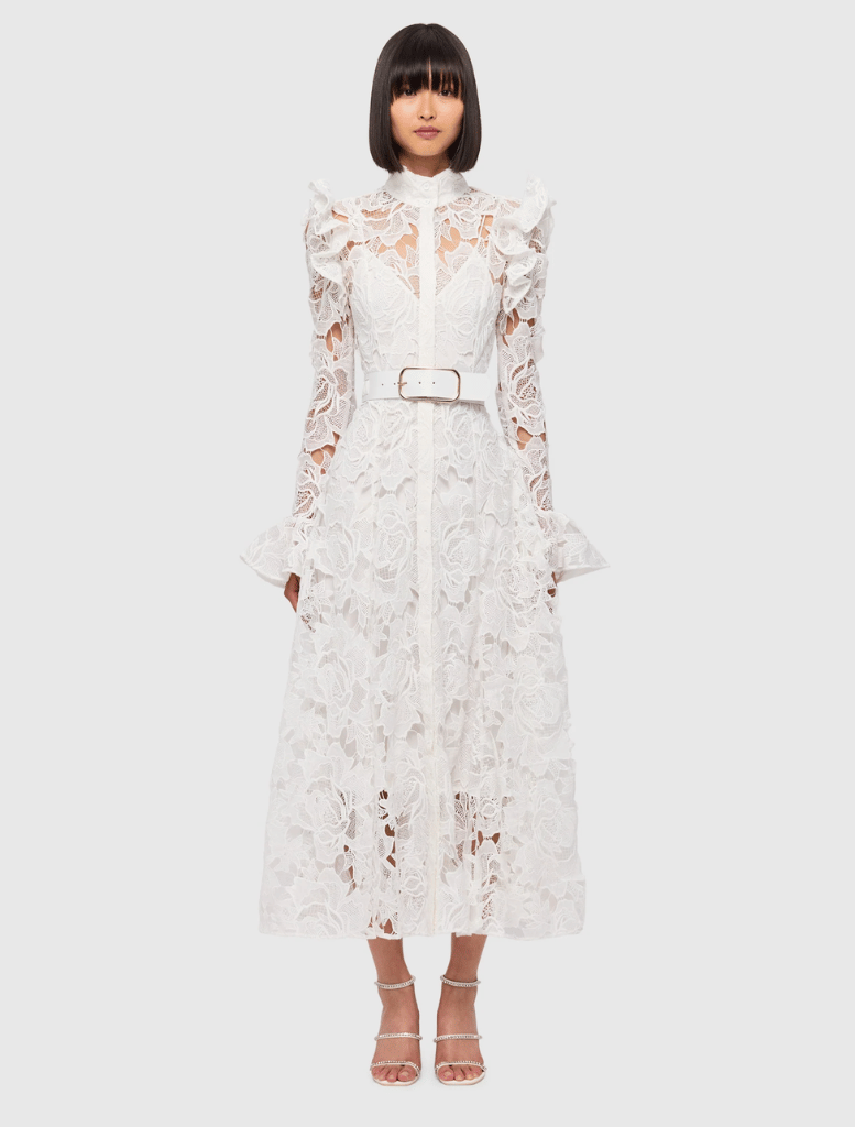 Lace Dress With Belt  - White