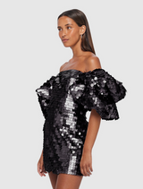 Brenda Sequin Puffy Sleeve Mini Dress - Ebony