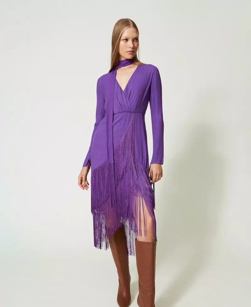 Long crêpe dress with fringes - Dark Lavender