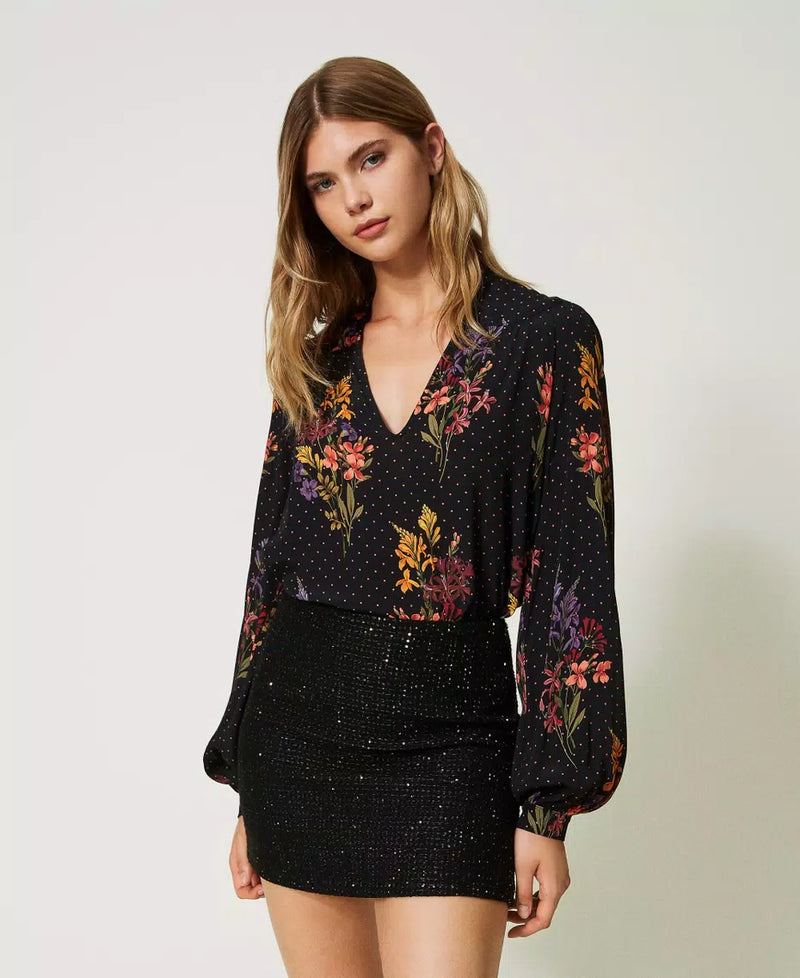 Floral crêpe and polka dot blouse -  Jolie Fleurs Print / Black