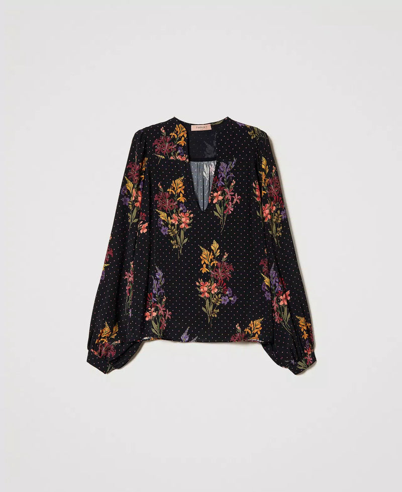 Floral crêpe and polka dot blouse -  Jolie Fleurs Print / Black