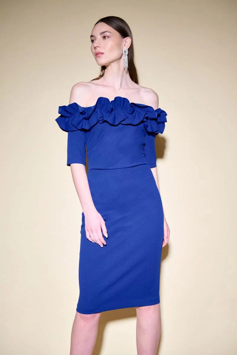 Scuba Crepe Off Shoulder Dress Style 234716 - Royal Sapphire