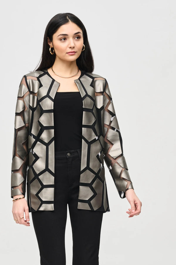 Laser-Cut Leatherette on Mesh Jacket - Gunmetal/Black