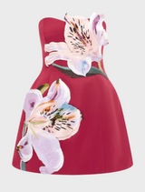 Rosario Appliqué Floral Bustier Mini Dress - Lily Print in Oxblood